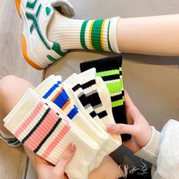 Women Socks Korea Harajuku Street Hip Hop Skateboard Striped Mid Tube Solid Colour Breathable Cotton