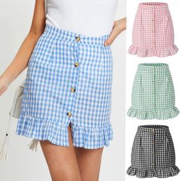 Skirts Women Skirt Summer Sweet Pink Blue Plaid Fashion Outfit Sexy Ruffles Elastic High Waist Vacation