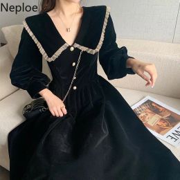 Dresses Woman Party Dresses Korean Vintage Veet Black Dress Long Sleeve Robe Elegant Clothes Japanese Peter Pan Collar Vestidos Mujer