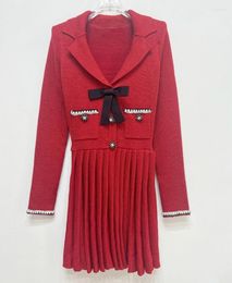 Casual Dresses 2024 Autumn Arrive Red Color Knitted Spliced Women Mini Dress Lapel V Neck Full Sleeve Pleated Hem Short Wirh Bow