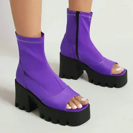 Sandals Gothic Bright Purple Orange Stretch Fabric Peep Toe Women Summer Boots Zip Back Platform Chunky High Heels Woman