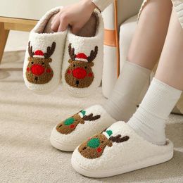 Slippers Women Winter Cartoon Graphic Bedroom Corduroy Warm Christmas Elk Indoor Flat Heels Soft Plush