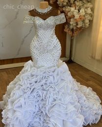 2024 Arabic Aso Ebi Plus Size White Mermaid Luxurious Wedding Dress Beaded Crystals Sheer Neck Bridal Gowns Dress ZJ202