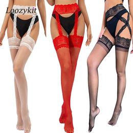 Women Socks Candy White Red Black Erotic Stockings With Garter Belt For Fishnet Pantyhose Thigh High Sexy Lingerie Plus Size