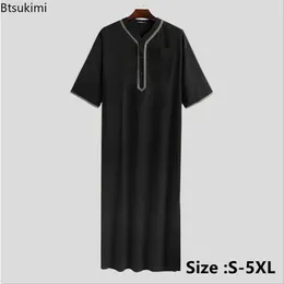 Ethnic Clothing 2024 Muslim Men Jubba Thobe Solid Button Kimono Middle Robe Saudi Man Shirt Stand Collar Islamic Arabic Kaftan Abayas