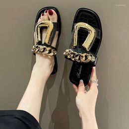 Slippers Women Sandals Metal Button Summer Flat Beach Shoes Rubber Sole Ladies Casual Flip Flop