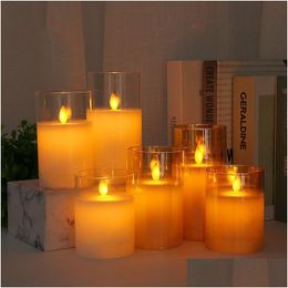 Candles 3Pcs/Set Electronic Candle Lamp Simation Flame Remote Control Set Brown Glass Led Drop Delivery Home Garden Home Decor Dhmh8