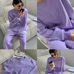 Women's Two Piece Pants Purple Sports Suit Spring And Autumn 2024 Casual Fashion Style Loose Long Sleeve Sweater Tops 2 Set