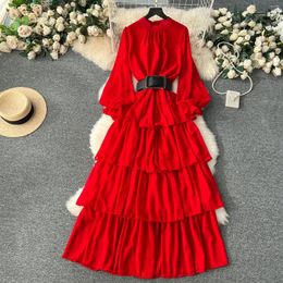 Casual Dresses Clothland Women Elegant Chiffon Ball Gown Dress Belt Long Sleeve One Piece Female Retro Maxi Vestido Mujer QD382