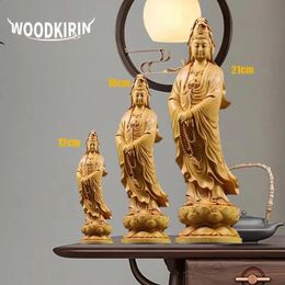 Natural Cypress Guanyin Buddha Decorative Characters Statue Solid Wood Art Carving Home Room Office Feng Shui Statue 240202