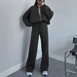 Women's Two Piece Pants Women Coat Set Wide-leg Trousers Suit 2-piece Tracksuit With Stand Collar Wide Leg For Casual