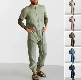 Men's Tracksuits Fashion Linen Breathable Summer Leisure Suit Short-Sleeved One-piece Overalls Trousers Jumpsuit