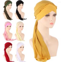 Ethnic Clothing Pre-Tied Hat Women Muslim Long Tail Hijab Turban Islamic Headscarf Bonnet Chemo Cap Hair Loss Cover Bandanas Turbante Mujer