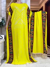 Ethnic Clothing Summer African Short Sleeve Cotton Dresses With Big Scarf Loose Printing Floral Boubou Maxi Islam Women Diamonds Abaya