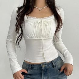 Women's T Shirts Y2k Lace Trim Crop Top White Bow Square Collar Full Sleeve Shirt Women Vintage Cute Harajuku Pullovers Korean Tee