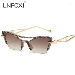 Sunglasses LNFCXI Cat Eye Vintage Half Frame Women Retro Brand Quality Shades Sun Glasses Gradient Metal Oculos De Sol