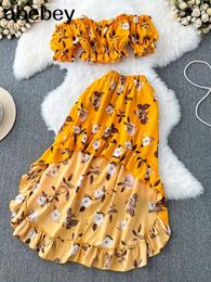 Work Dresses Women Elegant Floral Skirt Set Female Slash Neck Crop Top & A-Line Midi Casual Suits 2024
