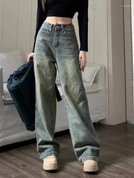 Women's Jeans QWEEK Vintage Washing Y2k Baggy Denim Pants Women 2024 Spring Fashion High Waist Wide Leg Trouser Casual Streetwear