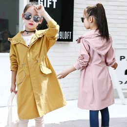 Jackets Girls Long Trench Coat Fall Girl Outwear With Hood YELLOW / PINK Waisted Hooded Kids Clothes Teenage