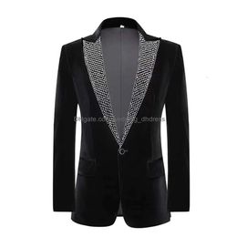 Suits Blazer Sparkly Rhinestones Black Jacket Blazers Pants Mens Male Singer Stage Performance Costume Party Host Groom Wedding Dr Dhrkk