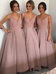 2024 Blush Cheap Country Bridesmaid Dresses Best V Neck Top Beaded Satin Bohemian Evening Dresses Hi Low Backless Prom Gowns Maid Of Honour Dress