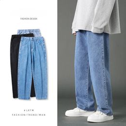 Jeans dritti da uomo primavera estate stile classico elastico in vita drappeggio allentato moda pantaloni Y2k streetwear maschile 240125