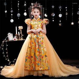 Ethnic Clothing Children Princess Party Dress Qipao Kids Oriental Evening Dresses Chinese Wedding Cheongsam Long Gold Brocade Gown Guzheng