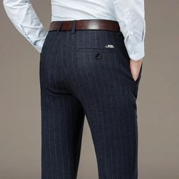 Autumn Winter Clothing High Quality Stripe Pattern Suit Pants Men Business Stretch Grey Blue Black Formal Work Trousers Male 240130