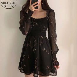 Dresses Spring Womens Sexy Black Dress Vintage Flower Long Puff Sleeve Chiffon Dresses Korean Casual Mini Vestidos Mujer Clothes 13676