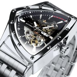 WINNER Military Triangle Skeleton Watch for Men Irregular Automatic Mechanical Watches Silver Luxury Brand Stainless Steel Strap 240123