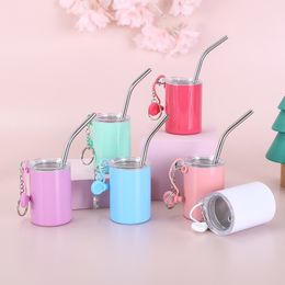 US Ship 3oz Colored sublimation shot glass stainless steel mini straight Tumblers with keychain double walled non-vacuum wine Alcohol glass cute cup 48pcs/case