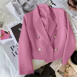 Pink Double Breasted Crop Blazer Women Korean Fashion Solid Colour Long Sleeve Suit Coat Office Ladies Elegant Short Jacket 3xl 240202