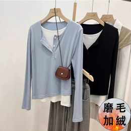 Fleece fake two long-sleeved undershirts, women's autumn and winter with brushed hair and thin chic button T-shirt