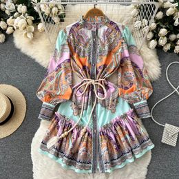 Casual Dresses 2024 Ethnic Style Waist-Tight Lantern Sleeve Dress Summer Women's Printing A- Word Skirt