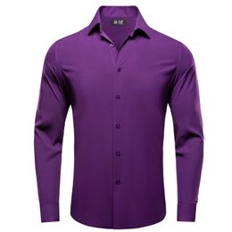 Hi-Tie Plain Solid Silk Men's Shirts Purple Long Sleeve Lapel Dress Suit Shirt Blouse Micro Elastic Comfortable Wedding Business 240129