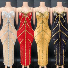 Stage Wear 13 Colours Sling Rhinestones Dress Women Sequins Fringes Evening Dresses Birthday Celebrate Costume Party Outfit XS5111