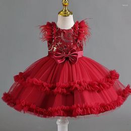 Girl Dresses HETISO Tassel Sequined Tulle Dress For Kids Petal Vintage Lace Infant Gown Red Christmas Toddler Clothes 1-5T