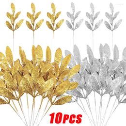 Decorative Flowers 10/1Pcs Christmas Glitter Leaves Plastic Tree Ornament Simulated Branches Wedding Party DIY Decors Suppllies