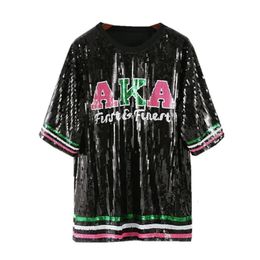 Spring Autumn Arrival European America Hiphop Girls Streetwear AKA Stripes Funny Women Tshirts Sequined Tops Punk Tee Dress 240118