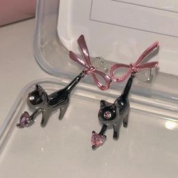 Stud Earrings Funny Cute Black Cat Pink Bow Zircon Heart For Women Sweet Girl Y2k Aesthetics 2024 Korean Trend Jewellery