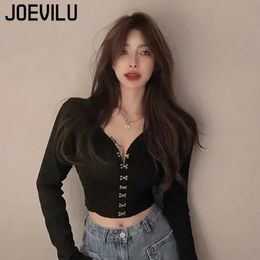 JOEVILU Chic Crop Tops Sexy Vneck Knitted Cardigan Spring and Autumn Long Sleeve Tshirt Womens Korean Y2k Top Gothic Clothes 240202