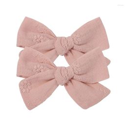 Hair Accessories 2Pcs Sweet Floral Embroidery Solid Color Bowknot Clips For Kids Baby Girls Hairpins Princess Headwear
