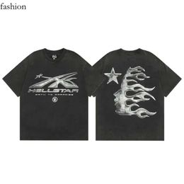 Hellstar Shirt Designer Clothes Hipster Washed Fabric Hellstar Shirt Street Graffiti Lettering Foil Print Black Loose Fitting Plus Size 452
