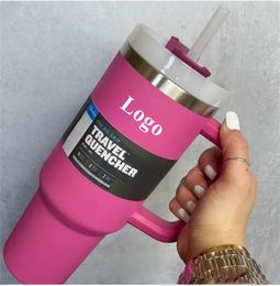 40oz stainless steel tumblers Cups with handle lid and straws Hot Pink Car mugs powder coating outdoor tumbler vacuum insulated drinking water bottles With Logo 0204