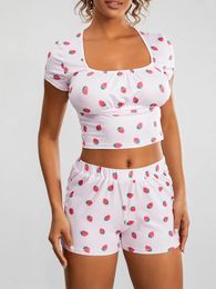 Women's Sleepwear Valentine's Day Women Pyjama Set Y2k Strawberry Print Short Sleeve Square Neck T-shirt With Shorts Loungewear