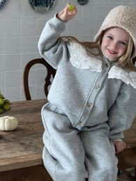 Clothing Sets Girls Clothes Suit 2024 Autumn And Winter Princess Style Garden Velvet Thick Grey Lace Girl