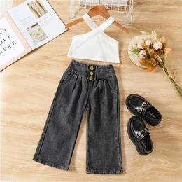 Clothing Sets Toddler Kid Girls Summer Outfit Solid Colour Cross Hanging Neck Sleeveless Vest High Waist Denim Pants