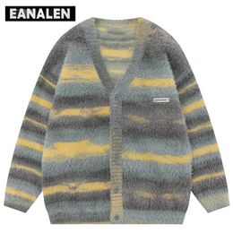 Harajuku Schwarz Farbe Gestreifte Strickjacke Herren Vintage Koreanischer Stil Übergroßer Designer Tie Dye Opa Pullover Damen Y2K 240130