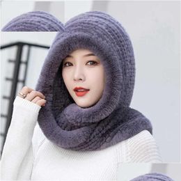 Beanie/Skull Caps Beanie/Skl Caps New Women Real Knitted Rex Rabbit Fur Hat Hooded Scarf Long Winter Warm With Neck Collar Scarves Dro Dhlgr