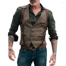 Men's Vests Herringbone Men Suit Vest Boutique Tweed Slim Male Gentleman Business Waistcoat For Wedding Groomsmen Leather Vintage Steampunk